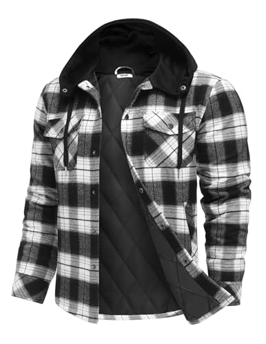 COOFANDY Flannel Jackets for Men Lined Quilted Plaid Shirt Jacket Cotton Hoodie Warm Shacket Winter Coat XXL 2XL