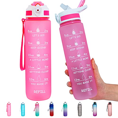 Gold Armour 32oz Motivational Water Bottle with Time Marker, Leakproof BPA Free Daily Water Reminder to Ensure You Drink Enough Water Daily (Frosted Pink)