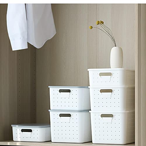 Vacane Plastic Storage Bins With Lids Set Of 3, Stackable Organizer Lidded Basket With Writable Label For Organizing, Sturdy Containers For Shelves Pantry Office School/S+M+L/White #TOP6