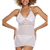 DKaren Dame Set Neckholder Spitze Sexy Nachtwäsche String Durchsichtig Arizona, Weiß,M