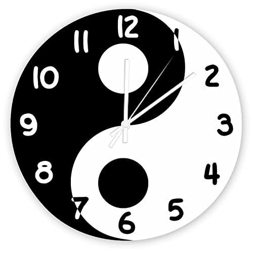 Mighun Decorative Silent No Ticking Wall Clock Black and White Numbers Yin Yang Round Modern Wooden Clocks for Bedroom Living Room Home Office School Wall Art Decor, 12 Inches