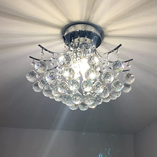Dst Crystal Chandelier Ceiling Light, Modern Mini Flush Mount LED Chandelier Lights Chrome Pendant Lighting Fixture for Living Room, Dining Room, Bedroom, Hallway, Stairway, Lounge, Size D40cm H32cm
