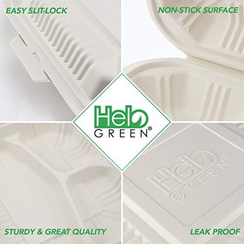 Food Containers by HeloGreen | Hinged Compostable Cornstarch Microwave Safe To Go Containers - Save the Environment - 8" x 8", 3 Compartment - (100 Count), Ivory