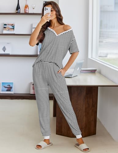 Image of Ekouaer Pajamas for Women Set 2 Piece Fall Lounge Sets Short Sleeve Pjs Joggers Long Pants Sleepwear with Pockets