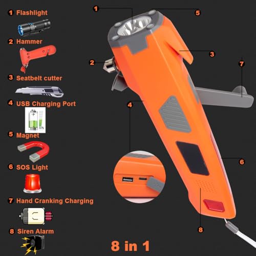 Emergency Tool LUXON 8-in-1 Car Safety Tool:Window Breaker,Seat Belt Cutter,LED Flashlight Rescue Tool USB Charger,SOS Light, Hand Cranking Charge, Magnetic for Vehicle Escape/Field Survival,Hiking