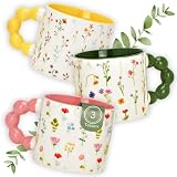Kaffeetassen 3er Set mit Blumen Dekor, 360 ml Porzellan-Tassen - Moderne pastell Dopamine Designertassen