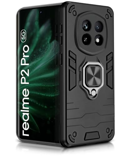 Image of WOW IMAGINE Shock Proof Back Case Mobile Cover for Realme P2 Pro 5G | Back Cover Case (Tough Armor | Hybrid PC + TPU | Ring Holder & in-Built Kickstand | Black)