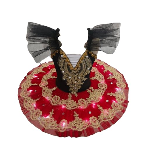 Justaucorps à manches à volants LED rouge pour tenue de danse cygne à perles