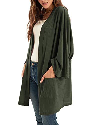Grace Karin Women's Long Batwing Sleeve Open Front Waffle Knit Cardigan Sweater With Pockets Army Green M #TOP3