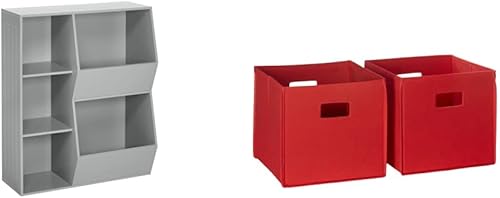 RiverRidge Armario de piso 02-147, gris y almacenamiento de 2 piezas, cubo plegable rojo, 2 piezas