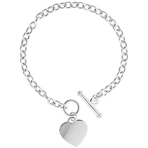 Small Hollow Oval Links 4.5mm Sterling Silver Heart Tag Bracelet for Women Toggle Clasp Lightweight Italy 7.5 inch