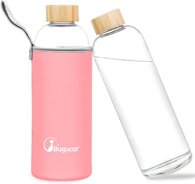 Bugucat Borosilicate Glass Water Bottle 1000ML, Reusable Water Bottle Glass with Protective Sleeves and Leak-Proof Lid, Glass Water Bottle 1 Litre Glass Drinking Bottle Ideal for Hot Cold Drinks,Pink