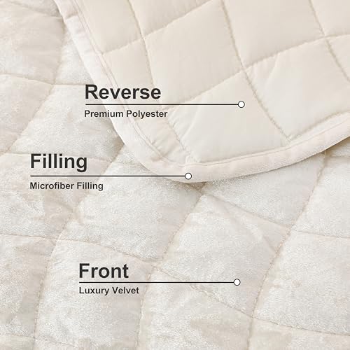 DOWNCOOL Velvet Quilt Set Queen Size, 3 Pieces Soft Lightweight Quilted Velvet Bedspread Coverlet Bedding with 2 Pillow Shams for All Season, Cream White — view 5