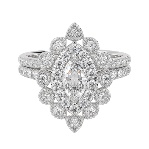 Marquise Frame Halo Beaded Bridal Ring Set