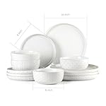 Stoneware Dinnerware Sets Service for 4, 12 pcs Reactive Glaze Plates and Bowls Sets, Embossed Boho Ceramic Dish Set, Highly Chip and Crack Resistant Farmhouse Plate Set, Ivory White - Image 3