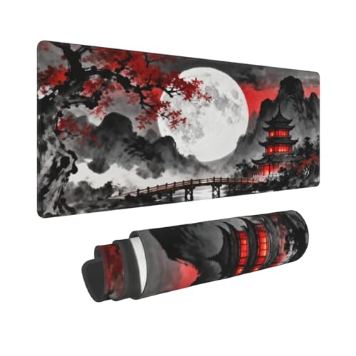 Image of Black Red Japanese Mouse Pad 31.5x11.8 XL Mountain Moon Watercolor Design Extended Large Mousepad Keyboard Mouse Mat Desk Pad with Non-Slip Rubber Base Stitched Edges for Home Office Game