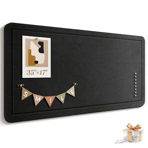 Large Bulletin Board, 60 X 36 Inches Felt Cork Board with 40 Pushpins, Foldable Felt Notice Pin Board Photo Display Board with Self-Adhesive Tape for Office Home School (Black, 35x17 inch)