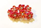 1 pc Japanese Kanzashi Hair Comb with Cherry Blossom Floral Design Crafted with Peach and Rose Pink