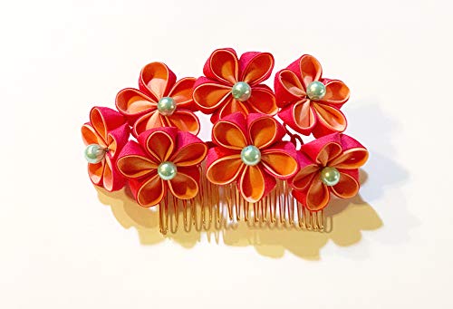 1 Pc Japanese Kanzashi Hair Comb With Cherry Blossom Floral Design Crafted With Peach And Rose Pink Colored Fabric And Glass Pearl Beads #TOP1