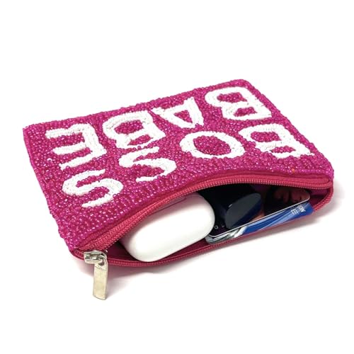TWINE AND LOVE Boss Babe Beaded Pouch Purse, Pink Beaded Coin Purse, Coin Pouch Small Wallets Card Holder Bag, Boss Babe Card Case Wallet, Birthday Gift, CP04943