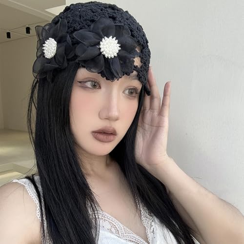 Bonnet élégant avec perle et fleur strass en crochet raffiné - 5