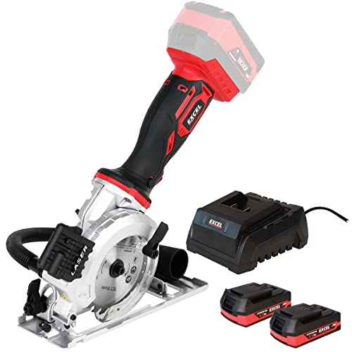 Excel 18V 115mm Mini Circular Saw with 2 x 2.0Ah Battery Charger - No-Load Speed 4500/min - Soft Grip - Rip Guide Locking & Laser - Dust Port