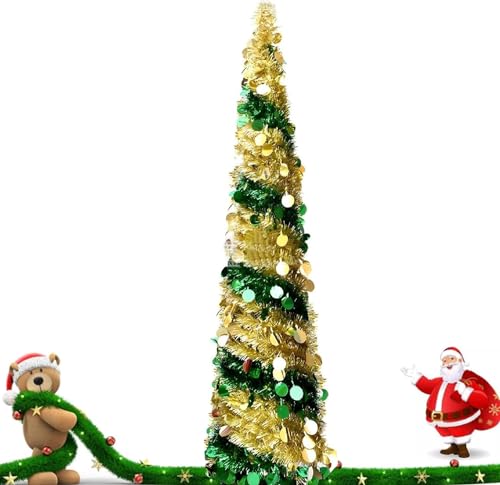 Pop Up Christmas Tinsel Tree, 150cm/5ft Collapsible Artificial Green Xmas Tree with LED Light Pre-lit Christmas Decoration Indoor Home Decor