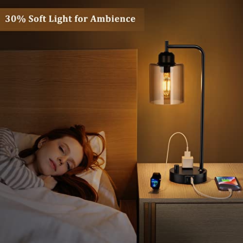 Innqoo Industrial Small Desk Lamp For Nightstand - Amber Clear Glass Shade Table Lamp With Usb C Port, Fully Dimmable Black Bedside Lamp With Usb Port And Outlet, Bedroom Lamp For Reading Office #TOP3