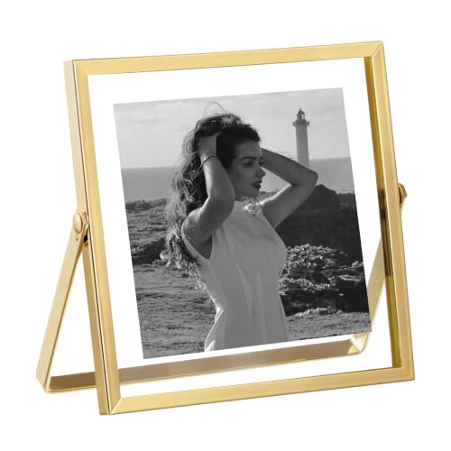 eletecpro 4x4 Floating Picture Frame, Real Glass Cover, Gold, 1-Pack