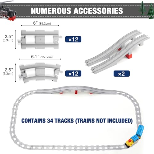 34 pieces train bridge track classic railway track with 12 curved tracks 12 straight tracks and bridge tracks - compatible with all major brands toy track accessory for kid light grey