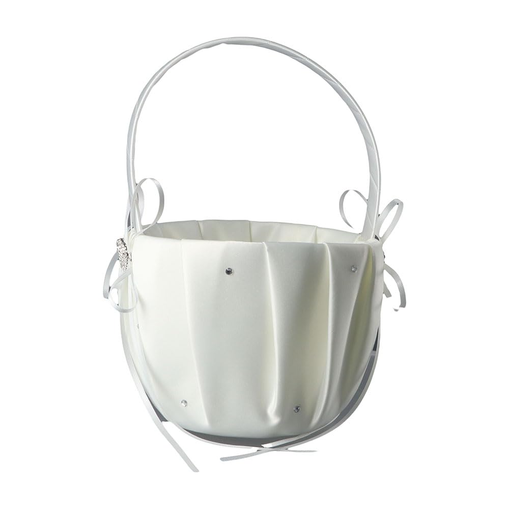 White Flower Girl Basket for Wedding, Cute Cherish Wedding Flower Baskets with White Basket Handle, Romantic Flower Baskets Cute Satin Bowknot with Double Heart Rhinestone