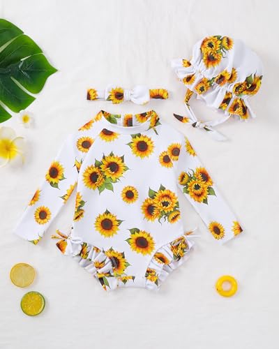 Image of Renotemy Baby Girls Swimsuit Drawstring Zip Bathing Suit Long Sleeve One-Piece Rash Guard Swimwear with Hat for Infant Girl