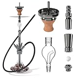 INVI® Tesseract Shisha Komplett Set Edelstahl V2A 84cm |Premium Hookah Molassefänger 4 Anschlüsse Silikonschlauch Aluminiummundstück Tabakkopfset mit Kaminaufsatz