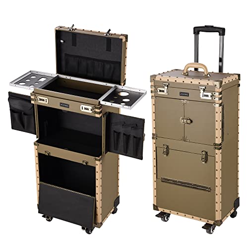 Byootique Rolling 15x11x33 Makeup Stylist Train Case Hair Salon Clipper Trimmer Box Bronze with 360 Degree Wheel