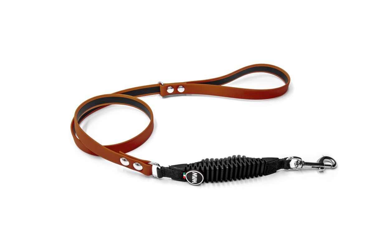 WAW, Icon-125 Village, Guinzaglio Ammortizzato per Cani Lungo 125 cm, in Resistente Microfibra Soft Touch, con Smorzatore Antishock Integrato, per Cani da 1 a >50 kg, Taglia L, Cuoio/Nero