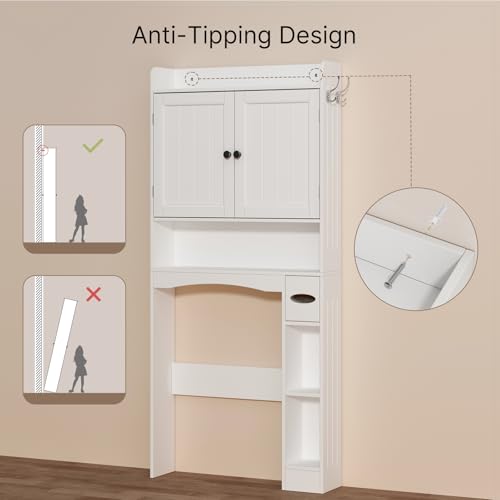 Image of Ahomly Over The Toilet Storage Cabinet, 32.3 inch W x 70.3 inch H, White | Over Toilet Bathroom Organizer with Doors, Adjustable Shelves, Toilet Paper Holder, 2 Side Hooks, for Bathroom, Laundry