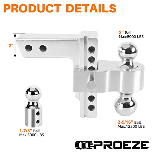 Proeze Adjustable Trailer Hitch Replaceable Tri Balls (1-7/8", 2", 2-5/16"), Fits 2 Inch Receiver, 6-Inch Drop/Rise Aluminum Drop Hitch, 12500Lbs, Silver Tow Hitch With Double Anti-Theft Pins Locks #TOP2