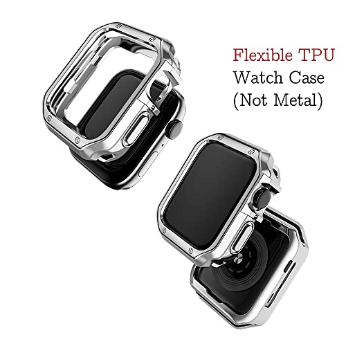 Compatible with Apple Watch Band and Case, Stainless Steel Metal Chain with TPU Cover, Smart-Watch Link Bracelet Strap, Wrist-Band for i-Watch Series 9 8 7 6 5 4 3 2 1 SE, 45mm 44mm 42mm, Silver