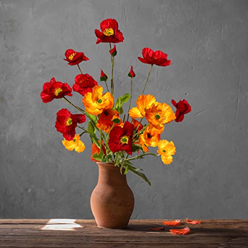 Canlierr 6 Pcs Silk Artificial Poppy Faux Poppy Spring Flowers Real Touch Flowers For Home Kitchen Wedding Decorations Floral Red Orange #TOP5