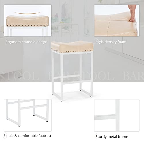 Lue Bona Counter Height Bar Stools, 24" Square Saddle Barstools Set Of 4, Modern Backless Faux Leather Counter Stool With White Metal Legs For Kitchen Island Counter,Home Bar,Bistro,Almond #TOP4