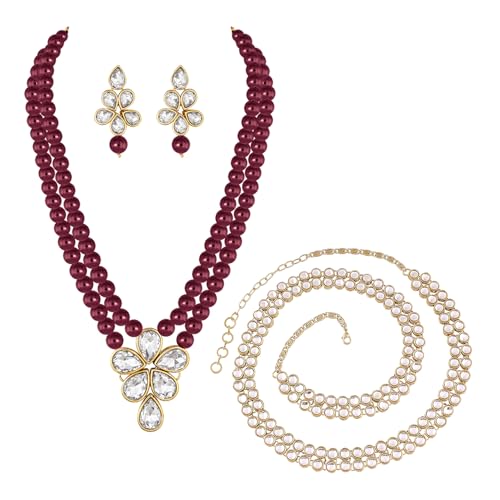 Image of Peora Crystal Faux Pearl Kundan Necklace & Jewellery Set Gift for Women