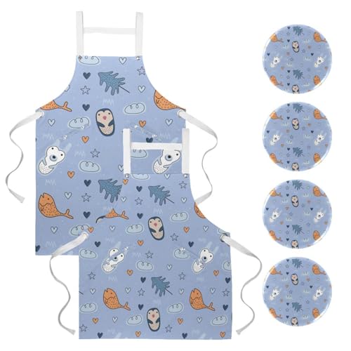 Tablier de cuisine lot de 2 avec motifs ours polaire et pingouin pour service et bistrot