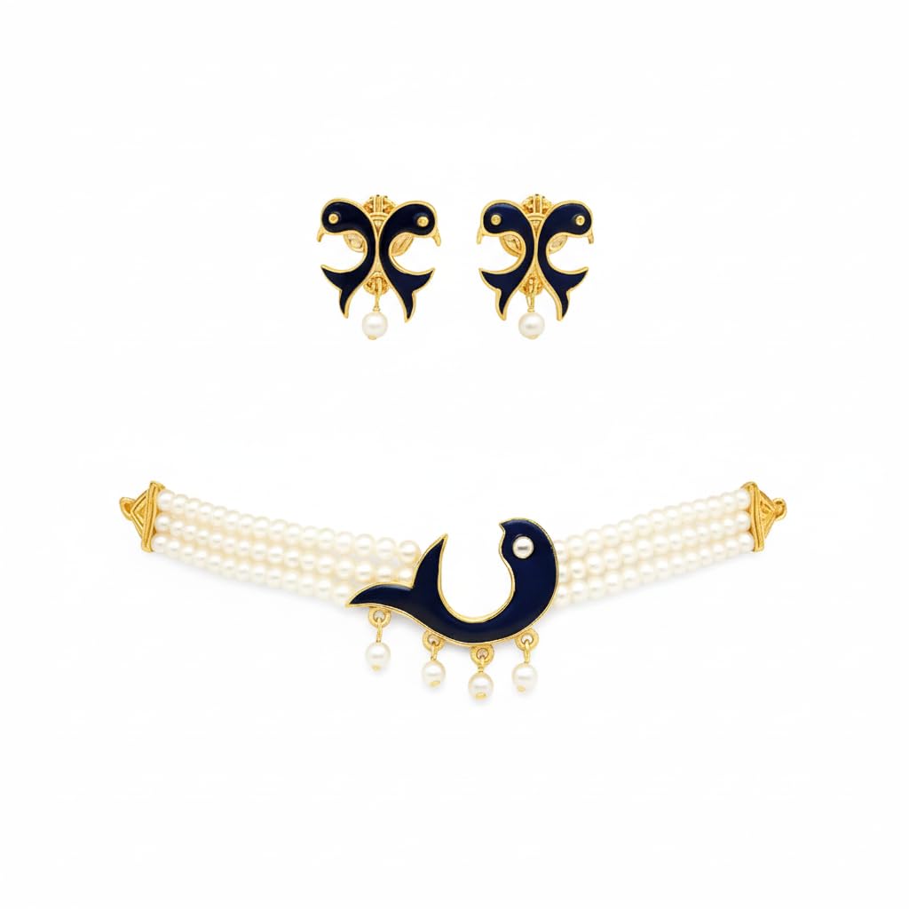 NOYA Gold-Plated Pearl Choker Necklace Set for Women 2026 – Navy Blue Gold Statement Pendant, Layered Stackable Bridal Festival Ethnic Jewelry with Matching Earrings