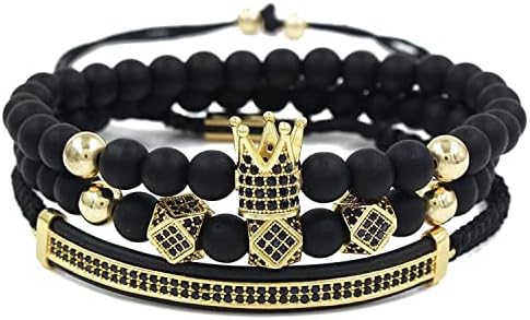 Celway Gold Crown Bracelet for Men King Royal Bead Agate Goth Link Jewelry Imperial Braided Adjustable Set with Cubic Zirconia