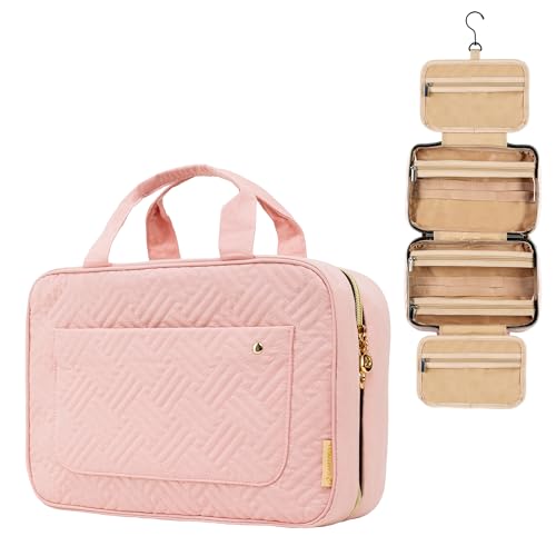 (Not Made In China) Large Toiletry Bag For Women, Hanging Makeup Organizer, Water-Resistant Cosmetic Case For Full-size Containers, Toiletries, Pink
