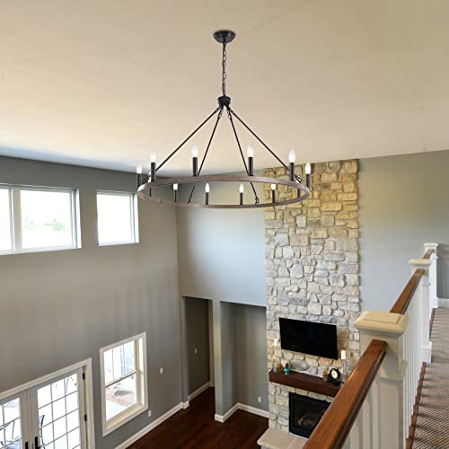 Image of 12-Lights Brown Wagon Wheel Chandelier Industrial Hanging Light Fixture for Dining Room Farmhouse Round Chandeliers for Living Room Foyer Hallway Kitchen Island Entryway