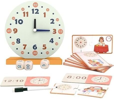 Wooden Teaching Clock Learning Set - Montessori Educational Time Teacher Toy for Kids - Includes Double-Sided Activity Cards, Time Dice, and Dry-Erase Marker - Preschool Classroom Supplies