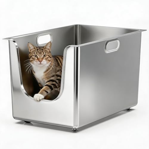 Stainless Steel Litter Box 13.7'' High Sides, XL Metal Cat Litter Box with Curved Low Entry, Cat Litter Pan for Big & Multiple Cats, Pet Toliet with H