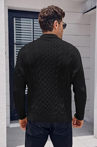 Beotyshow Mens Cable Knitted Pullover Sweaters Stand Collar Solid Twisted Thermal Sweaters with Button for Men4