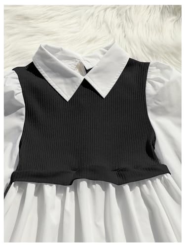Image of MakeMeChic Girl's Two Piece Outfits Rib Knit Collared Puff Sleeve Peplum Blouse Top and Flare Leg Pants Set Black and White 10Y